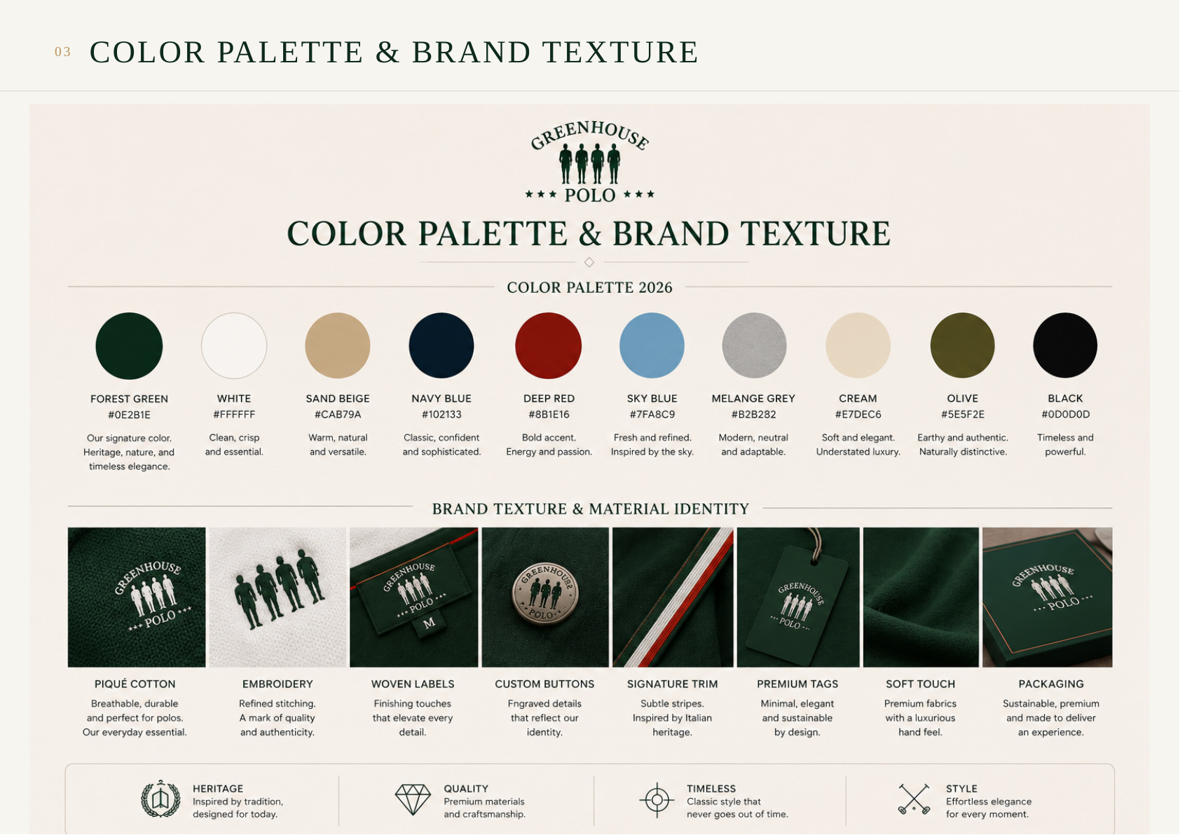 GreenHouse Polo color palette and material identity